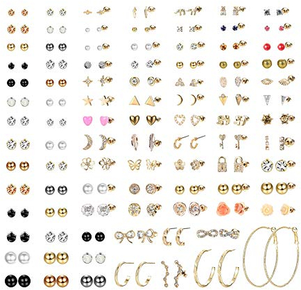 MILACOLATO 93 Paar Ohrringe Damen Set, Ohrstecker Set Edelstahl Für Ohrlöcher Ohrringe für Damen Mädchen Niedliche Einfache Faux Pearl Creolen Mond Sterne CZ Kpop Ohrstecker Gold Schmuck