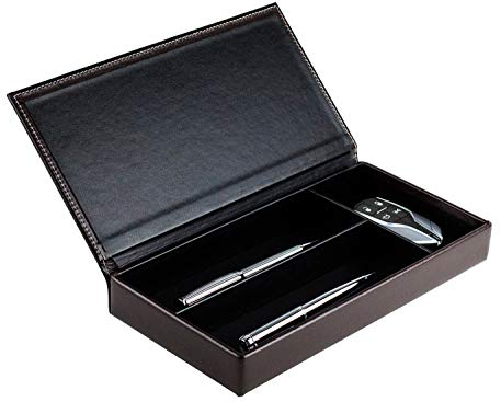DELMON VARONE - Personalisierbarer Ablagekasten mit Deckel Premium Leder Cambridge braun - Schreibtisch-Schale für Kugelschreiber, Füller & Schreibutensilien - Schreibgeräteetui Box mit 3 Fächer