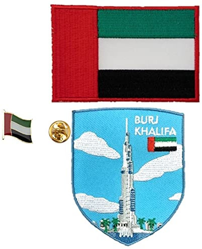 A-ONE 3 Stück – Dubai Burj Khalifa Patch + UAE Flagge Reversnadel und Stickerei, höchste Architektur Sovenir, Dubai Sehenswürdigkeit, Kleidung zum Aufnähen oder Aufbügeln, kreative Brosche Nr. 255B