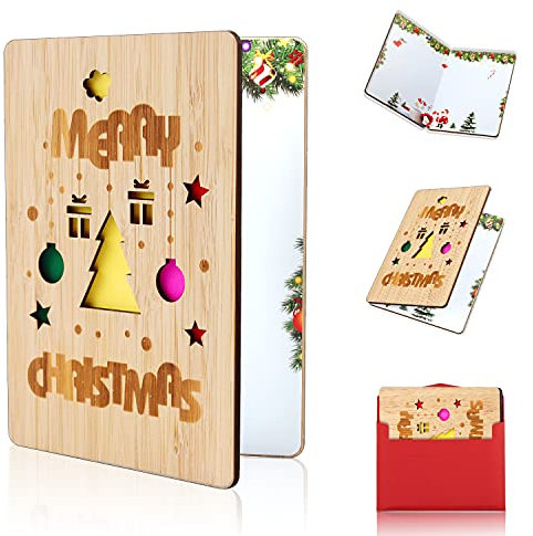 Holz-Grußkarte, Weihnachtskarten mit Umschlag Set, Karte aus Bambus, Frohe Weihnachten Karte, Handgemachte Grußkarte aus Holz Weihnachtsmuster, Weihnachtsgeschenke und Wünsche