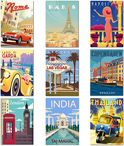 Olivia Samuel Vintage-Reiseposter aus A4-Größe, Wandkunst auf dickem 350 g/m²-Karton, 9 Stück