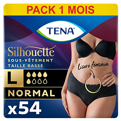 TENA Silhouette Normal niedrige Taille – saugfähige Einweg-Unterwäsche Inkontinenz Damen – nach der Geburt – für mittlere Blasenschwäche – Schwarz – Größe L – 54 Höschen (Packung 1 Monat)