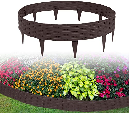 ACXIN 10m Rasenkante Beeteinfassung Gartenpalisade in Rattan-Optik mit 10 Elemente á 100 cm Beetumrandung Gartenpalisade Rund Kunststoff Palisaden UV-beständig (10 Stück, Braun)