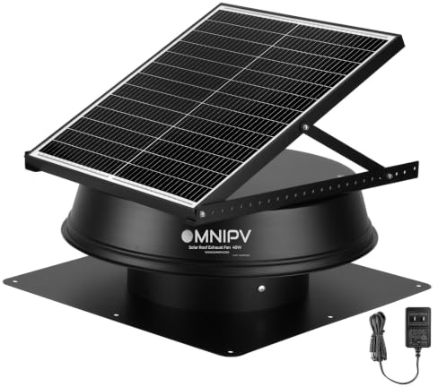 OmniPV Solar Hybrid Attic Fan, 40 W 2100 CFM Roof Mount Exhaust Fan With AC Adapter, 75°F Thermostat Auto On/Off, Low Noise and Weatherproof for Home, Shop, RV, Garage & Shed