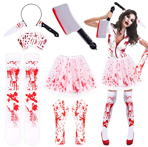 17PCS Halloween Blut Kostüm Damen Set, Tutu-Röcken und Strümpfen Blutbefleckten, Messer-Stirnband, Machete, Handschuhen,Tattoo-Aufklebern, Fasching Kostüm Damen Horror Deko Erwachsene Party Cosplay