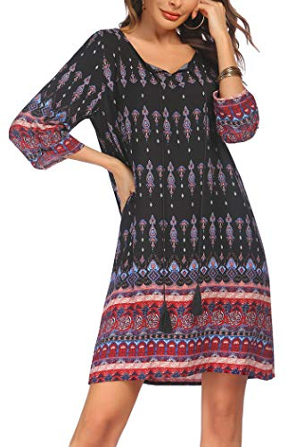 Beyove Damen Bohemian Tunika Kleid Strandkleid Tunikakleider Vintage Strandtunika 3/4-Arm Rundhals Kleid Blumenmuster Kurzes Sommerkleider Tops Muster 2 L