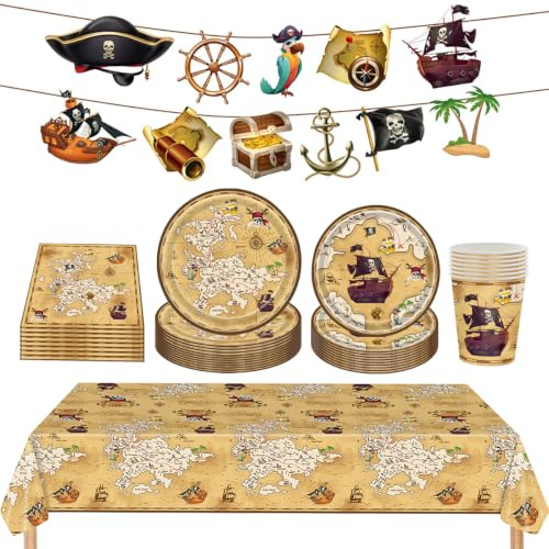 ZOOMPIL Pirate Vaisselle K'anniversaire, 52Pcs Vaisselle Thème Pirate, avec Anniversaire Nappe Assiette Tasse Serviette Papier, Fête d'anniversaire Fournitures, pour 10 Invités