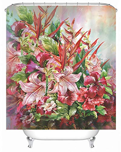 EHOMERY Duschvorhanghalterungen Badewanne Badewannen Vorhang Halterung Blumen Polyester Rosa Rostfreie Ösen Und 12 Hakenringe, 180X200Cm