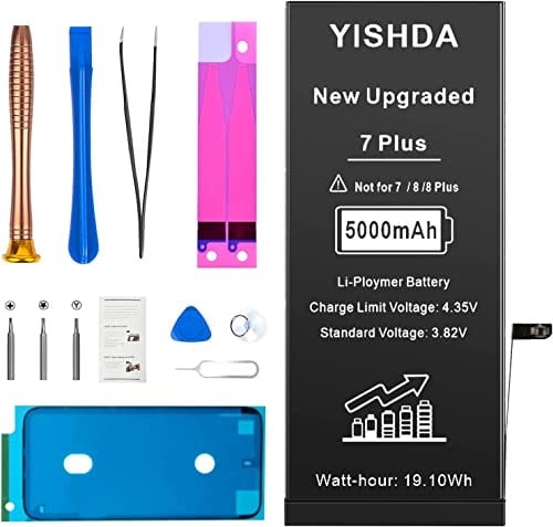 【5000mAh 】Battery for iPhone 7 Plus, YISHDA Li-ion Internal New Upgrade 0 Cycle High Capacity Battery Replacement for iPhone 7 Plus Model A1661 A1784 A1785 with Complete Professional Repair Tool Kit…
