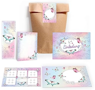 Limonia 12 Einladungskarten zum Kindergeburtstag Einladung Geburtstag Mädchen Schmetterling incl. 12 Umschläge, 12 Tüten, 12 Aufkleber, 12 Lesezeichen, 12 Blöcke, 12 Tic Tac Toe