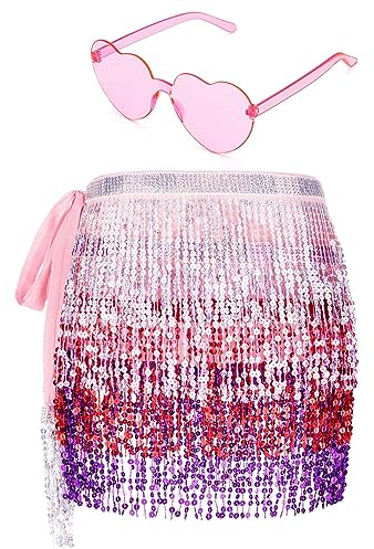 Pailletten Fransen Rock Herz Sonnenbrillen Set, 4-Lagen Verlauf Bauchtanz Rock Bauchtanz Hüfttuch Partybrillen, Rave Outfit Glitzer Rock Bauchtanz kostüm Pailletten Rock Fransenrock für Damen