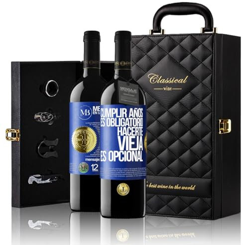 «Cumplir años es obligatorio hacerte vieja es opcional» Mensaje en una Botella. Estuche-Maletín de LUJO 2x Vino Tinto Premium Reserva 12 Meses y Set de 4 Accesorios. Etiqueta Azul PERSONALIZABLE