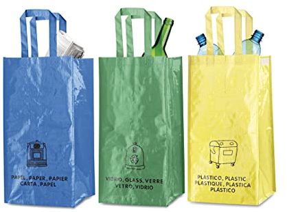 Lot de 3 sacs de recyclage des déchets, reliés par cintas, pack avec sac de recyclage bleu, vert et jaune pour recycler plastique, verre, papier et carton, durables, 23 l, avec poignées, tricolore
