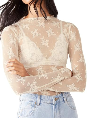 KMBANGI Women's Mesh Lace Long Sleeve Top Mock Neck Sheer Blouse Floral Lace Layering Tops Y2k See Through Tee Shirt, Embroidery White, S