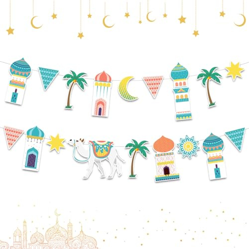 2 Stücke Eid Mubarak Banner Set, Muslim Islamic Party Dekoration, Mond Stern Laterne Schloss Banner Girlande, Ramadan Mubarak Party Banner für Haus Party Lieferung Ramadan Dekorationen (A)