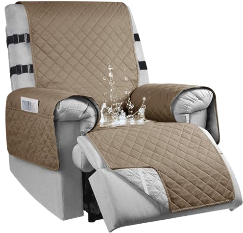 Sesselschoner für Fernsehsessel, 100% Wasserdicht 1 Sitzer Sesselschoner mit 3 Taschen, rutschfest Sesselauflage Relaxsessel mit 2 Verstellbaren Riemen, Waschmaschinenfest, Taupe, S