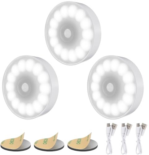Electight 14 LEDs 3 Pack Sensor de Movimiento para Interiores, Luz Nocturna Recargable por USB, 3 Modos, Adsorción Magnética, para Dormitorio, Armarios, Pasillo, Escaleras, Blanco