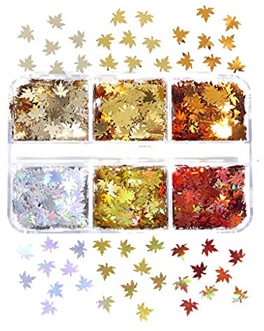 SANRLO Manicure Set,6 Grids Maple Leaves Nail Art Glitter Sequins Maple Leaf Paillette Autumn Manicure 3D Nails Decoration