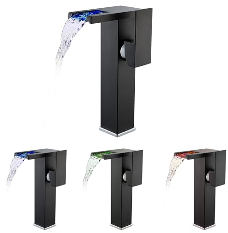 Schwarz Wasserhahn Bad LED(keine Batterie nötig), KEOKBON Hoch Wasserfall Waschtischarmatur Waschbecken Armaturen mit 226 MM Auslaufhöh, Einhebelmischer Mischbatterie für Bad, G3/8'' Anschlüsse