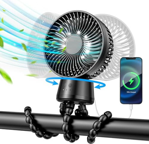 Portable Stroller Fan with USB Charging Port, LED light Power Bank, 10000mAh Desk Oscillating Fan Mini Handheld USB Personal Fan Rechargeable Rotation, for Home and Office travel Car Seat