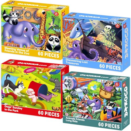 Puzzle ab 4 5 6 Jahre - Geschenk Spielzeug für Kinder 3-7 Jahre | 4x60 Teile Rahmenpuzzle Spiele für Jungen und Mädchen - Bunte Puzzle mit Vert Zoo, Eden
