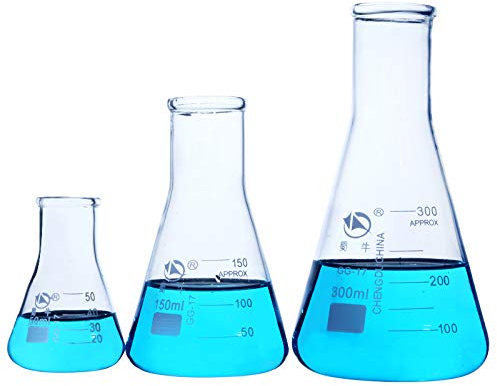 Lab Erlenmeyer Flask Wide Mouth Conical Flask 1000ml Borosilicate 3.3 Glass Lab Glassware with Printed Graduation (1000ml)