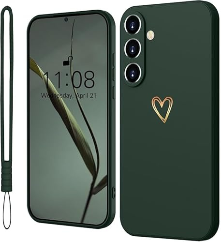 Mitetabo für Samsung Galaxy S24 FE Hülle Silikon mit Gold Liebesherz,Handyhülle Samsung S24 FE 5G Dünn Gold Love Schutzhülle Slim Kratzfeste Rundumschutz Case für Samsung S24 FE Nachtgrün