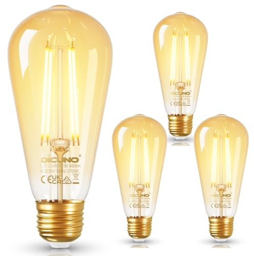 DiCUNO Edison Vintage Glühbirne, E27 LED Klasse B 2,5W ersetzt 40W, 480lm, 360°, Warmweiß 2700K, ST58 LED Filament Retro Glühbirne, Bernsteinfarbenes Glas, flimmerfei, nicht dimmbar, 4er Pack