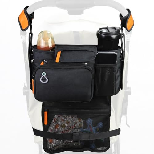 Universal Stroller Organizer with Cup Holder and Phone Holder, Insulated Cup Holder, Large Pocket, Stroller Caddy for Phone Fits Most of Stroller Like Baby Jogger, Britax, BOB, Umbrella, Doona (Black)