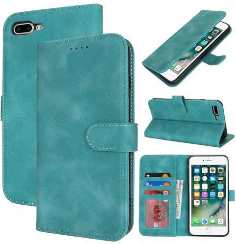 Zouzt Hülle für iPhone 8 Plus / 7 Plus 5,5-Zoll, Stoßfestes PU Leder Handyhülle Lederhülle Klapphülle mit Kartenhalter und Standfunktion Flip Leather Wallet Phone Cover (Vintage Mintgrün)