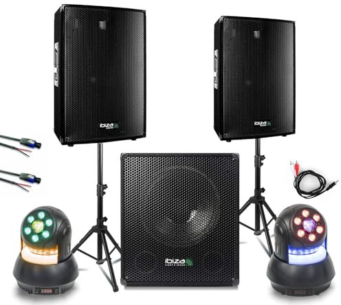 Ibiza - Pack Sono 1800 W - 2 altavoces DISCO12B 600 W - Soporte de pie - Subwoofer SUB15A - 2 liras 30 W Wash - Noche DJ Club