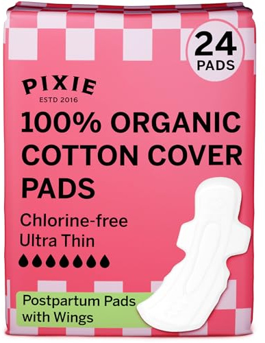 Pixie Ultra-Dünne Extra Lange Overnight Bio-Baumwollbinden für Frauen – Maximale Saugkraft mit Flügeln – Auslaufsicher, Hypoallergen & Unparfümiert – 24 Stück