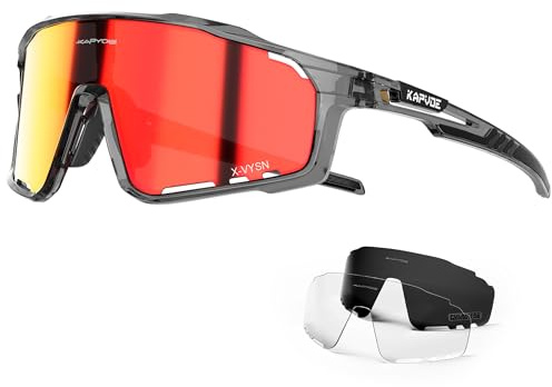 KAPVOE Fahrradbrille 3 Wechselgläser Herren Damen K76 | 3 Gläser: PC Tag, Schwarz polarisiert, Klar wenig Licht; UV400, 3-stufiges Nasenpad