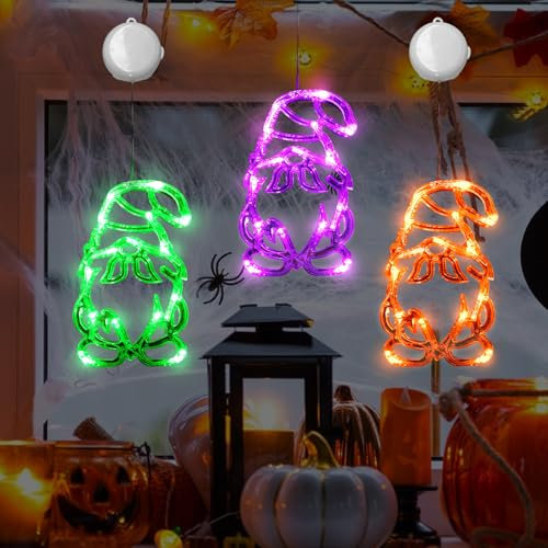 Halloween Deko Fenster Lichter, 3 Stück Herbst Deko Fensterlichter mit Saugnapf, Herbstdeko Zwerg Lichterkette Timerfunktion, Fensterdeko Lichter Batteriebetriebene für Halloween Deko Innen