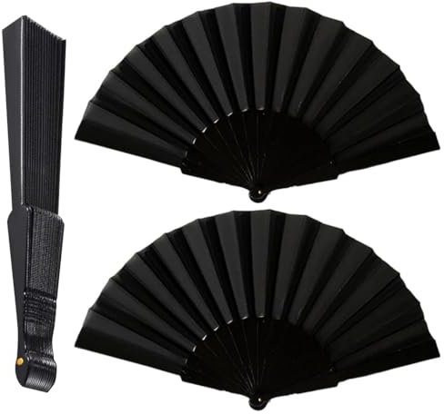 2 Pcs Folding Hand Fan, Black Handheld Folding Fan for Women Men, Foldings Hand Fans Handheld Fans for Wedding,for Wedding, Performance, Dancing,Home Decorations (Black) ﻿