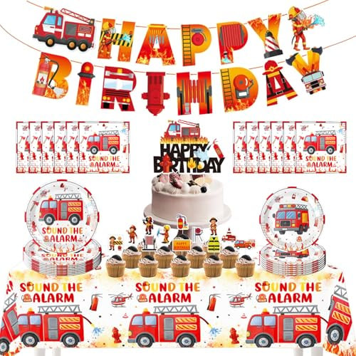 RNHDLY Feuerwehr Deko Kindergeburtstag Set, Feuerwehr Geburtstag Deko | Feuerwehrauto Partygeschirr Set mit Banner, Servietten, Pappteller, Tischdecke, Kuchendekoration, Feuerwehrparty Deko
