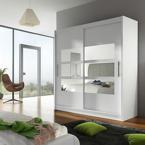 Agritrade AK BEGA III 180cm Wardrobe with Hanging Rail, Sliding Doors, Shelves, and Mirror Storage - White