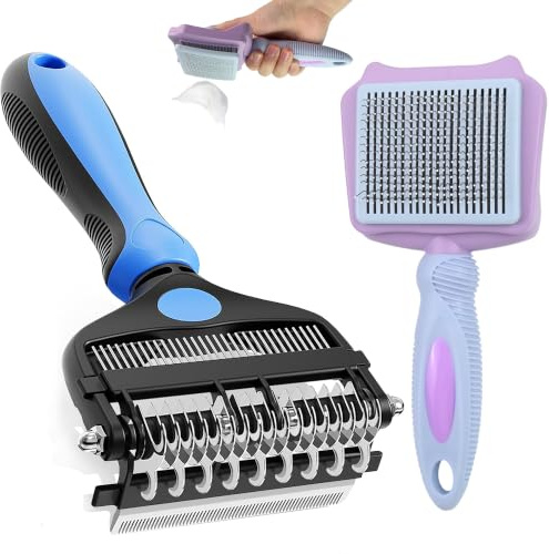 2 Stk Profi Katzenbürste Hundebürste Set,3 in 1 Selbstreinigende Zupfbürste | Pet Care Bürste Sanft Entfernt Unterwolle & Entwirren Knoten, Mit Massage Fellpflege für Langhaarige Kurzhaarige Hunde Katze