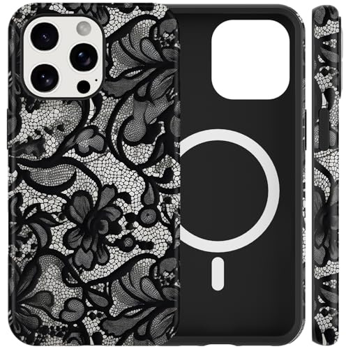 Yoedge Magnetisch Handyhülle für iPhone 14 Pro Hülle Spitze Blumen Muster | Aesthetic Schwarz Lace Design Case für Frauen Mädchen, Kompatibel mit MagSafe, Dünn Silikon Kratzfest Schutzhülle Cover, 01
