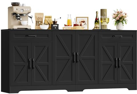 HOCSOK Sideboard, 180cm Küchenschrank mit Arbeitsplatte, Sideboard Schwarz | Sideboard Küche mit 6 Türen und 2 Schubladen, Anrichte Küchenbuffet mit Verstellbare Regal für Wohnzimmer, 180×87×34 cm