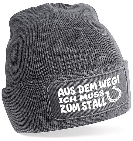 Herzbotschaft Beanie Strickmütze mit Spruch | Aus dem Weg! Ich muss zum Stall | Farbwahl | Unisex SoftTouch angenehm weiche und warme Wintermütze | OneSize Einheitsgröße für Erwachsene