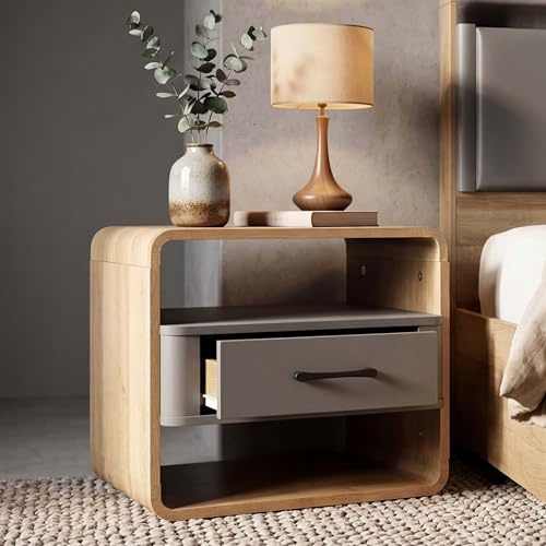 Mendler Nachttisch HWC-P43 40x48x44cm MDF - Rivera-Eiche-Optik, dunkelgrau | Nachtkasten, Nachtschrank, Nachtkommode, Schublade