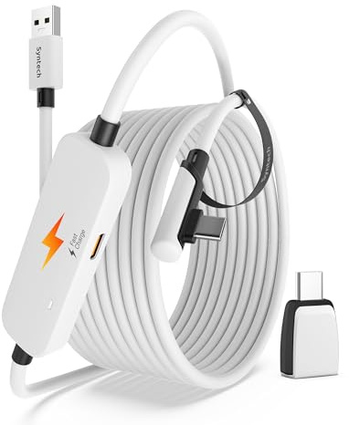 Syntech 5m/16ft VR Link Kabel mit Adapter für Meta Quest 3S/3/2, Pico 4 | 18W PD-Schnellladen, 3.2 Gbps Datenübertragung, USB A/C Adapter, Dreifacher Schutz mit Klettband für Quest 3S/3/2