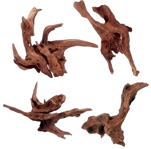 LMJOPYQ 4 Stück Aquarium Wurzel Echtholz Set, Treibholz Dekoration für Aquarien, Natürliche Holzstruktur mit Zwei 5-10 cm und Zwei 10-15 cm Stücken, Ideal für Süßwasserbecken und Terrarien