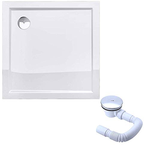 doporro Plato de Ducha 80x80x14 cm Acrílico Blanco, Cuadrado, Incluye Válvula de Desagüe AL01, Conexiones DIN, Fácil Montaje Faro1H