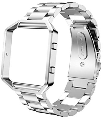 Maucoray Uhrenarmband mit Rahmen kompatibel für Fitbit Blaze Smartwatch, Edelstahlarmband Ersatzzubehör Verstellbares Armband (silber)