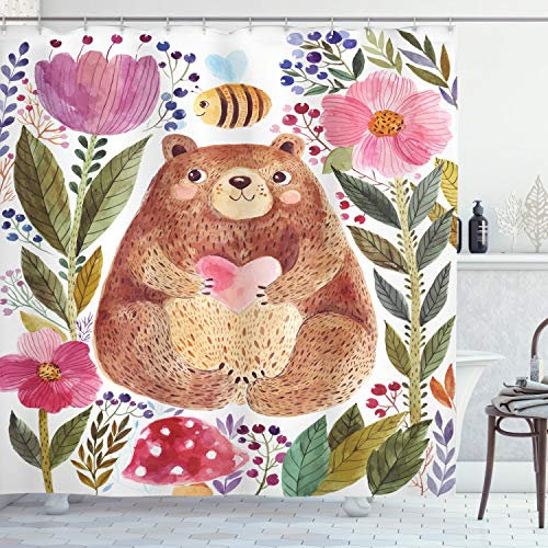 ABAKUHAUS Bunt Duschvorhang, Bär mit Blumen, Stoffliches Gewebe Badezimmerdekorationsset mit Haken, 175 x 200 cm, Umbrabraun Mehrfarbig