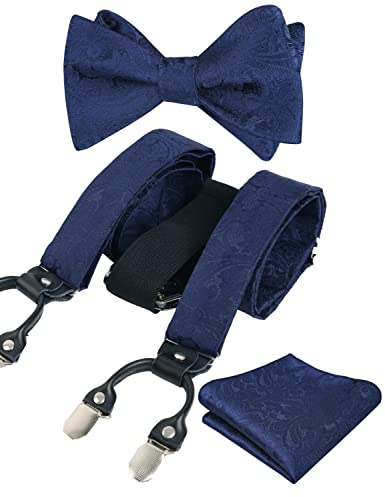 Alizeal Mens Adjustable Floral Paisley Selbstgebundene Fliege, Einstecktuch und elastische Y-Form 6 Clips Hosenträger Set, Navy