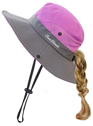 HGGE Sonnenhut für Kinder, Mädchen, UV-Schutz, breite Krempe, Strandkappe mit Pferdeschwanzloch, Violett, Einheitsgröße