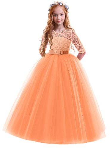 IBAKOM Robe de Filles Demoiselle d'honneur Manches 3/4 Longue Tulle Dentelle Soirée Fête Princesse Bal Promo Anniversaire Cérémonie Robe Maxi Rose Orange 5-6 Ans